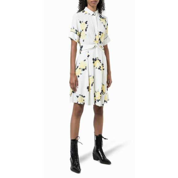 Ganni Silvery Crepe Dress Floral Twist Front Fit And Flare White Yellow Size XS - Picture 1 of 12